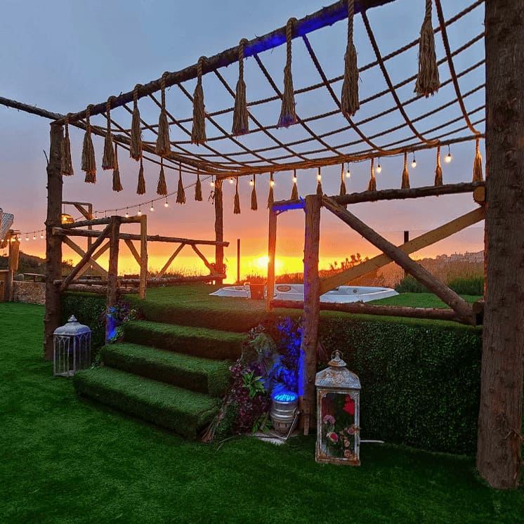 A serene view of the resort's architecture blending with nature